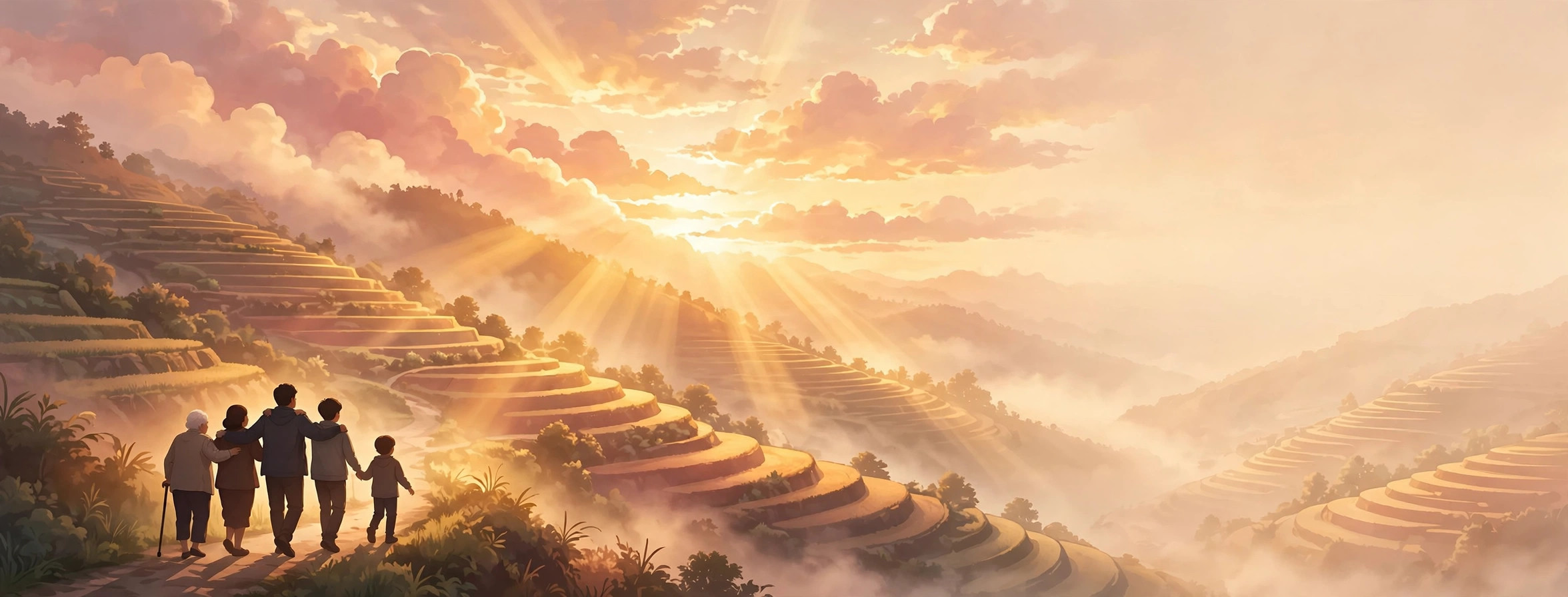 People walking together toward a sunrise over terraced hills — a picture of hope and community